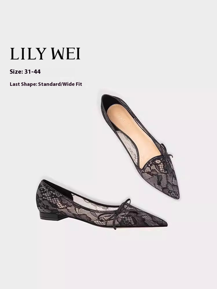 Pointed Toe Flat - フラットスティレットヒール 春夏新作 ポインテッドトゥ シャローレース メッシュ 宴会