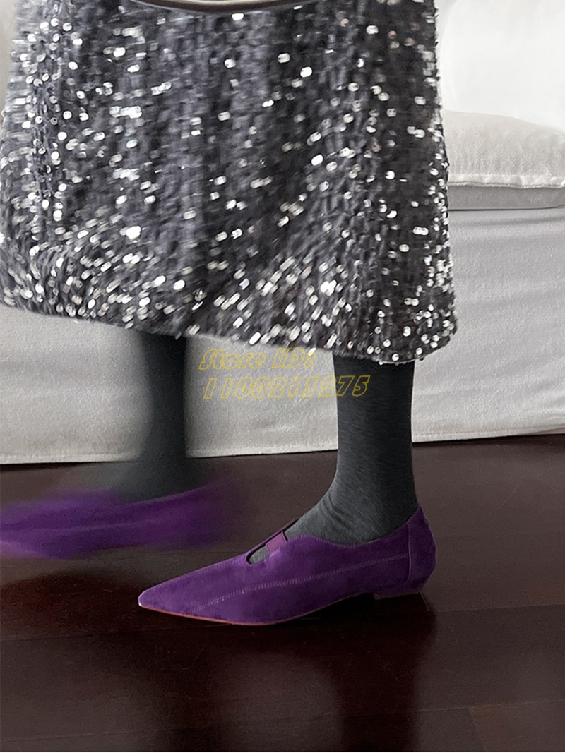 Pointed Toe Flat - パープルのスエード素材、ポインテッドトゥ、フラット、スリッポン、無地、本革、ハンドメイド、レディース、秋冬春シューズ、2025年新作