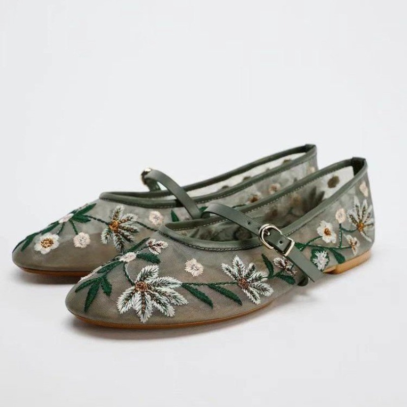 Pointed Toe Flat - 2026年秋新作レディースシューズ 花柄刺繍メッシュバレエフラットシューズ 中国風婦人靴