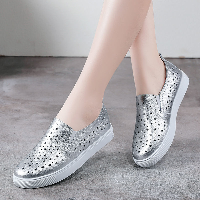 春夏シルバーフラット中空アウト女性の白ローファー床革ボートシ - Women'S Shoes For Standing All Day のレビューと価格