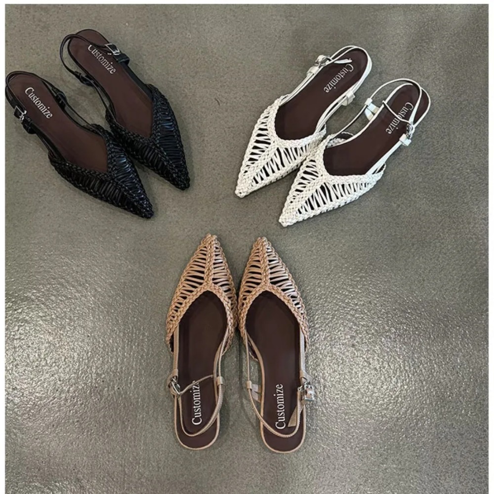 尖ったつま先のローマ風織りサンダル、中空のつま先キャップ付き - Pointed Toe Flat のレビューと価格