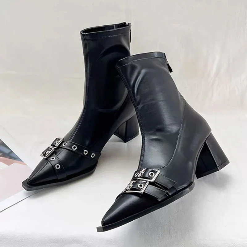 ハイヒールアンクルブーツ女性分厚いポインテッドトゥ革靴女性  - Women'S Shoes Trending 2025 のレビューと価格