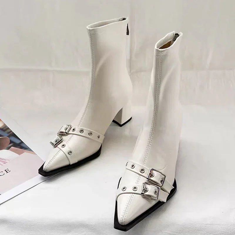 ハイヒールアンクルブーツ女性分厚いポインテッドトゥ革靴女性  - Women'S Shoes Trending 2025 のレビューと価格