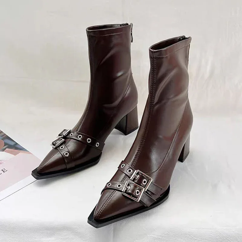 ハイヒールアンクルブーツ女性分厚いポインテッドトゥ革靴女性  - Women'S Shoes Trending 2025 のレビューと価格