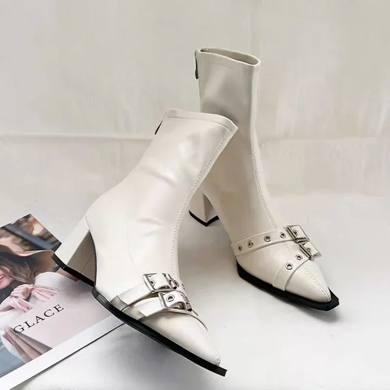 ハイヒールアンクルブーツ女性分厚いポインテッドトゥ革靴女性  - Women'S Shoes Trending 2025 のレビューと価格
